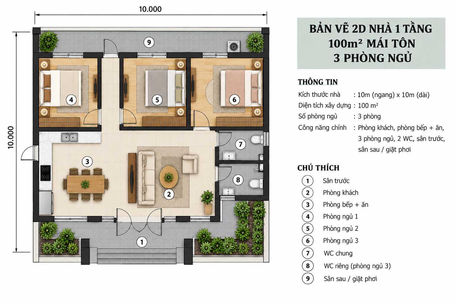 Bản vẽ bố trí công năng nhà cấp 4 100m² gồm 3 phòng ngủ, phòng khách, bếp và khu vệ sinh