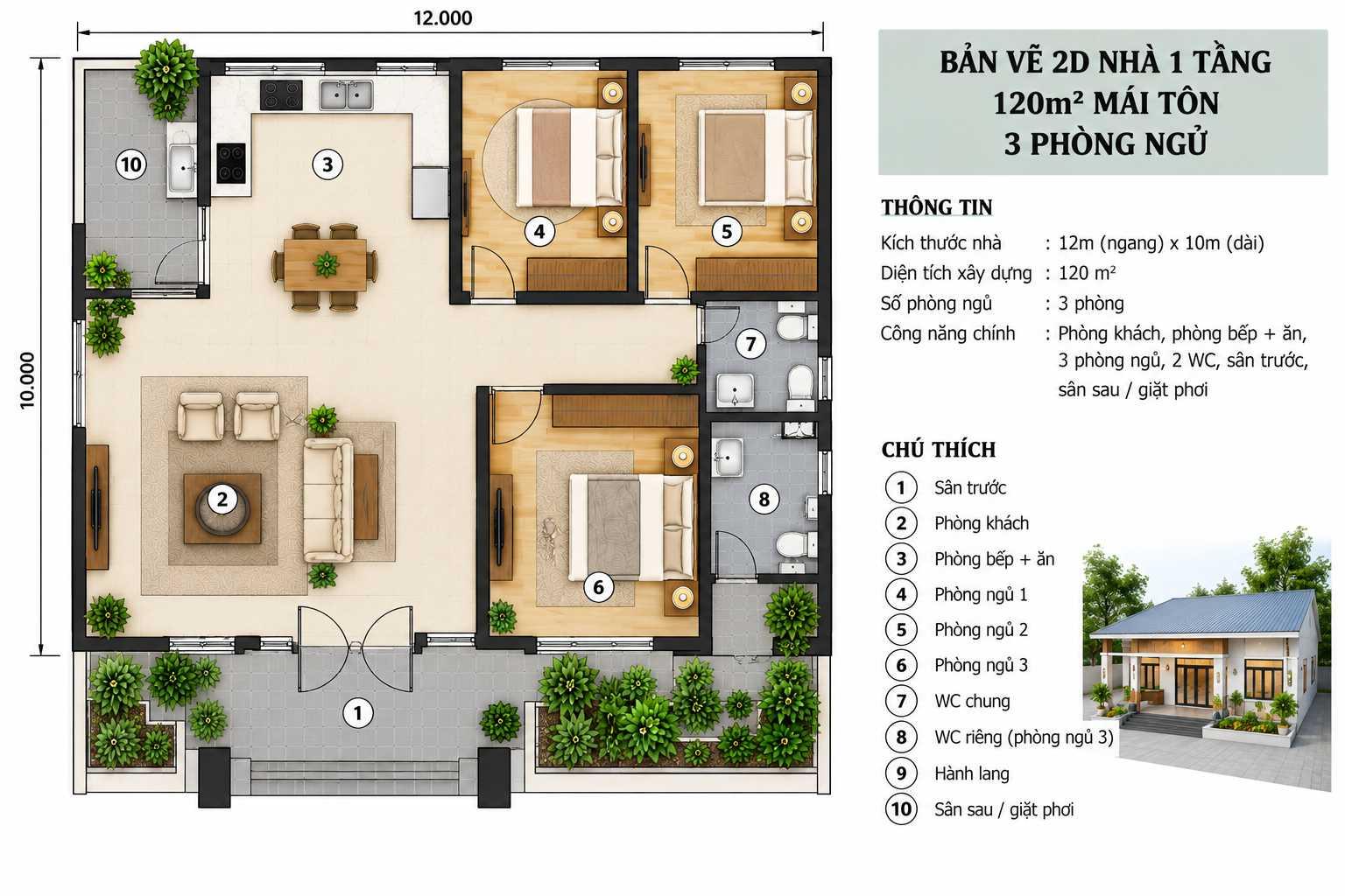 Bản vẽ bố trí công năng nhà 120m² với 3 phòng ngủ, 2 nhà vệ sinh và khu sinh hoạt chung