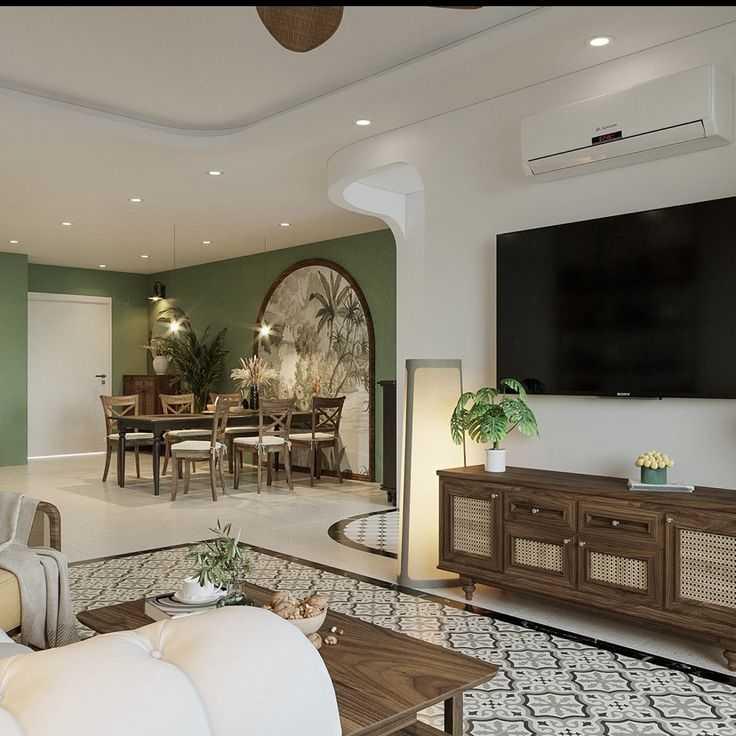 Thiết kế phòng khách liền bếp với gam màu kem và nâu gỗ tạo nét ấm cúng cho phong cách Indochine (Nguồn: Internet)