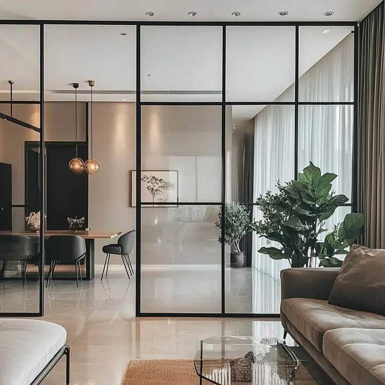 Mẫu vách phẳng kết hợp ô kính giúp ánh sáng tự nhiên lưu thông giữa phòng khách và bếp (Nguồn: Internet)
