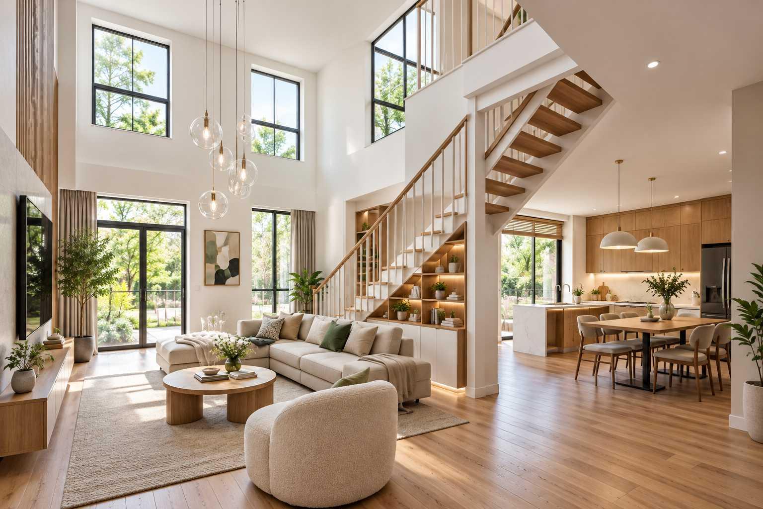 Cầu thang giúp phân chia phòng khách và bếp mà vẫn giữ được lối đi thông thoáng