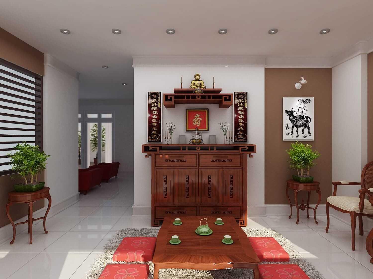 Kiểu dáng và kích thước bàn thờ cần hài hòa với diện tích phòng khách nhà cấp 4 (Nguồn: Internet)