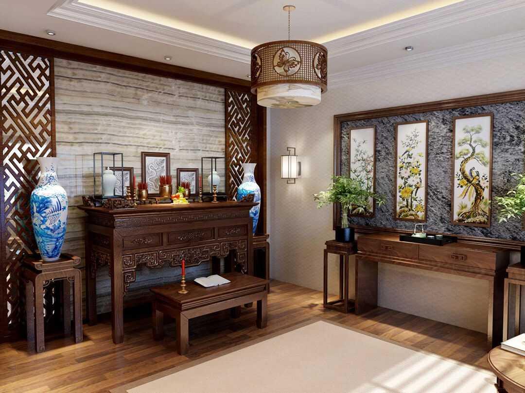 Phòng khách kết hợp bàn thờ gỗ và gam màu trung tính tạo không gian thờ cúng ấm cúng, trang nhã (Nguồn: Internet)