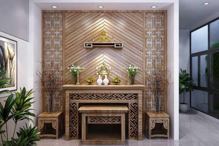 Phòng khách nhà cấp 4 có bàn thờ được bố trí gọn gàng, thông thoáng giúp duy trì sự trang nghiêm và thuận tiện cho sinh hoạt (Nguồn: Internet)