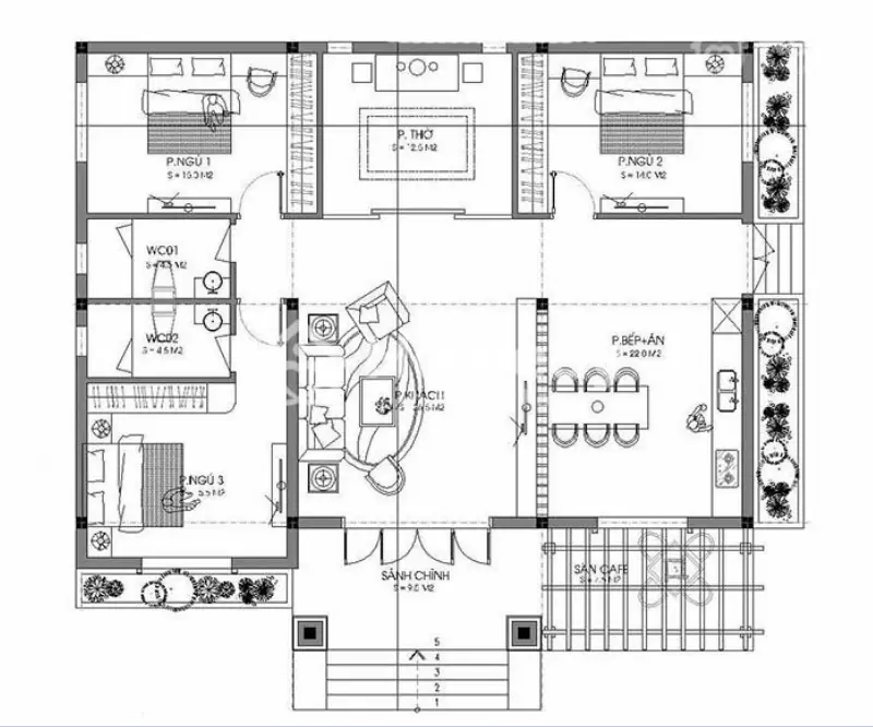 Mặt bằng nhà cấp 4 chữ L 100m² 3 phòng ngủ 1 phòng thờ