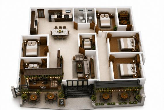 Bố trí công năng thông minh cho mẫu nhà cấp 4 5 phòng ngủ kết hợp không gian kinh doanh cafe hiện đại