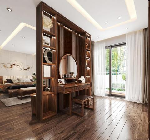 Mẫu vách ngăn phòng ngủ đẹp từ gỗ kết hợp bàn trang điểm