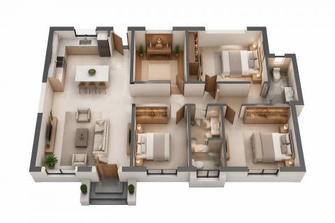 Bố trí theo hình chữ T không đối xứng tạo sự riêng tư cho phòng ngủ