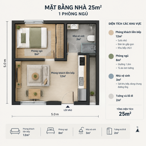 Mặt bằng nhà 30m² có 2 phòng ngủ nhỏ