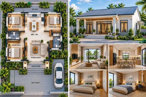 Bản vẽ 3D nhà cấp 4 mái tôn 120m2 bố trí 3 phòng ngủ cùng phòng khách và bếp